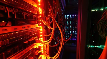 Obraz premium Brightly Lit Server Room with Colorful Network Cables and Lights