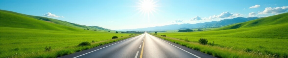 Naklejka premium Long straight highway disappearing into sunny blue sky above rolling green hills, countryside, scenic