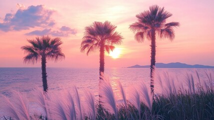 Golden Serenity: A Breathtaking Sunset Over a Peaceful Palm-Lined Oasis
