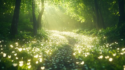 A vibrant wildflower path meanders through a lush, dense environment, captured in a beautiful image.