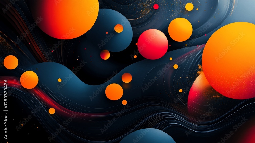 Poster abstract dark background with vibrant spheres and flowing lines.