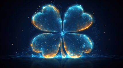 Glowing digital clover, dark background, reflective surface, luck concept