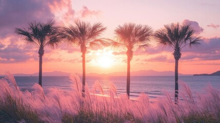 Golden Serenity: A Breathtaking Sunset Over a Peaceful Palm-Lined Oasis
