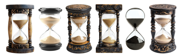 Set of hourglasses with flowing sand, isolated on transparent cutout background