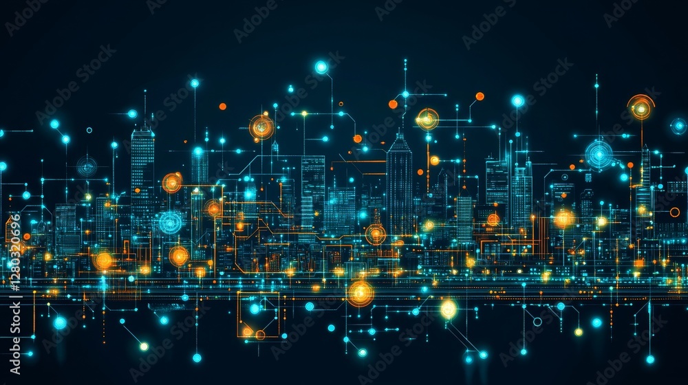 Poster abstract cityscape with network connections visualizing smart city technologies and future urban dev
