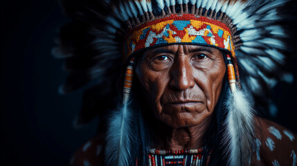 Portrait of a Native American Elder: An up-close portrait of a dignified Native American elder, adorned in a traditional headdress, his eyes reflecting wisdom and experience.