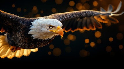 Naklejka premium Majestic Flight: A stunning bald eagle soars gracefully through the air, its piercing gaze and powerful wingspan capturing the essence of freedom, strength, and the beauty of wildlife.