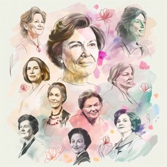 This collage showcases hand-drawn portraits of diverse women leaders in soft colors and watercolor style, celebrating empowerment and unity for International Women's Day