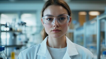 Fototapeta premium A young European female scientist with glasses appears focused in a laboratory. Dressed in a lab coat, she is engaged in research and analysis, showcasing dedication to her field.