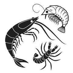 Fototapeta premium Black and White Shrimp Vector Illustration: Seafood Graphic Design, Crustacean Art, Marine Life Drawing, Culinary Theme, Food Icon