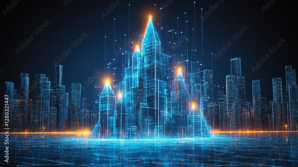 Poster futuristic digital cityscape illustration glowing with neon illumination and advanced tech networks 