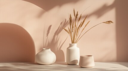 Minimalist Still Life with Vases and Dried Grass in Soft Light