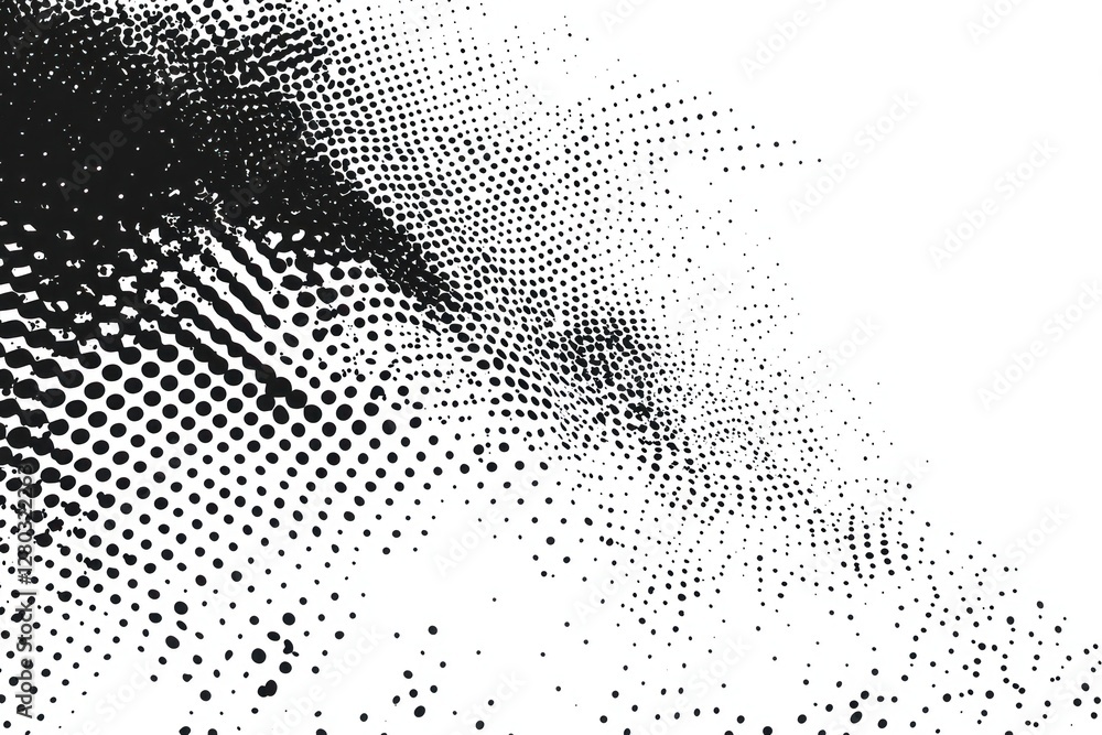 Poster abstract halftone pattern with black dots on white background.