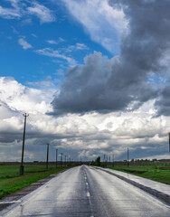 Road with a few trees in the background and a few birds flying in the sky