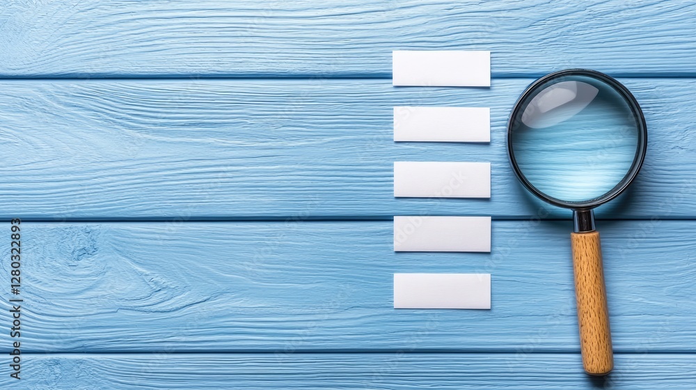Poster analyzing search patterns with a magnifying glass on blue wooden surface focused content calm enviro