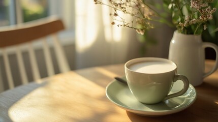 Obraz premium Sunlit Cafe Latte, flowers, morning, wooden table, calm