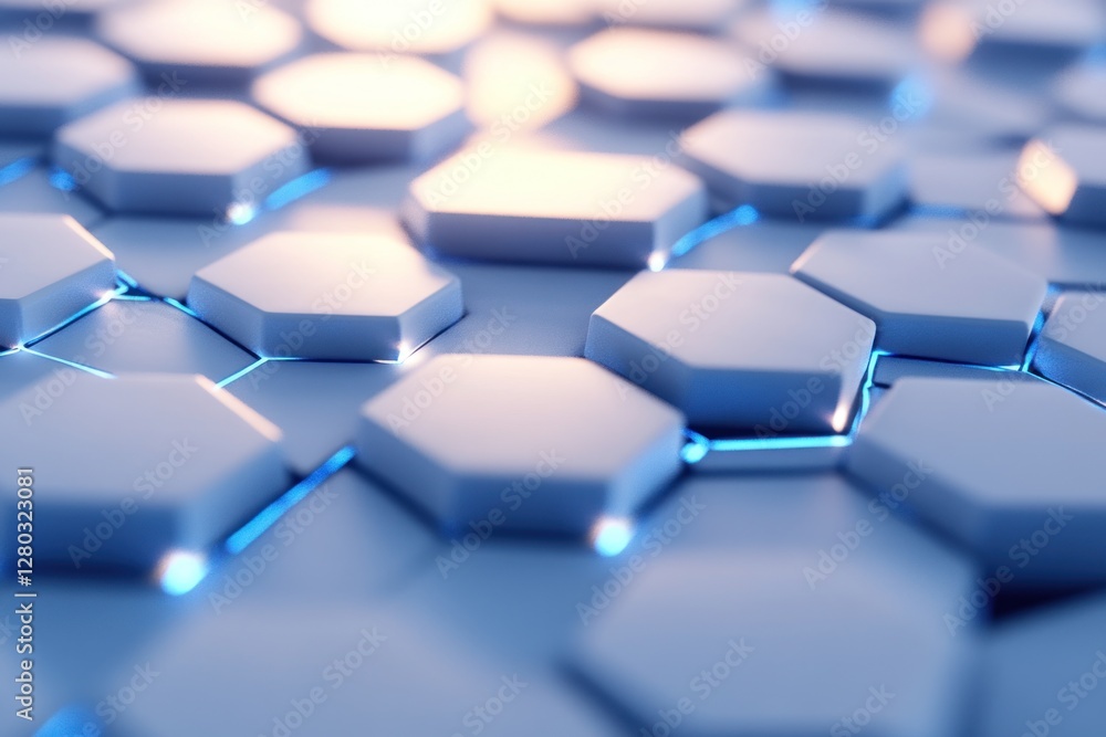 Poster abstract hexagonal grid with glowing blue lines.