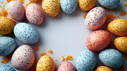 Colorful easter eggs forming a circle on gray background with orange confetti