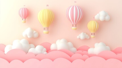 Pastel hot air balloons floating among fluffy clouds dreamy ethereal background for children's designs and whimsical fairytale themes