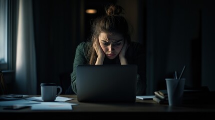 Fototapeta premium Worried user sitting at a desk, staring blankly at a laptop with a troubled look. Featuring confusion and anxiety