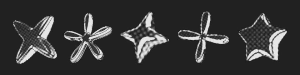 Y2k 3d chrome halftone stars shape retro abstract elements vector illustration set. Chrome silver 3d metallic halftone semitone retro effect collection. Y2k space various star retro futuristic shapes. © Konstantin