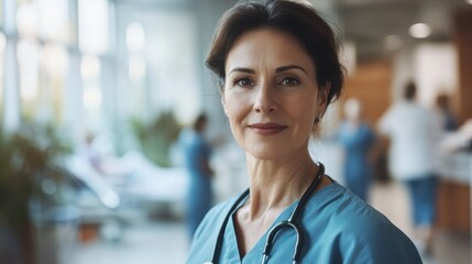 Fototapeta premium A middle-aged European nurse poses confidently in a modern healthcare environment, showcasing professionalism and compassion in patient care.