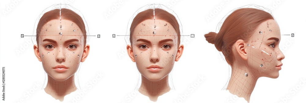Poster detailed medical illustration showing botox injection points on a female face highlighting anatomy a