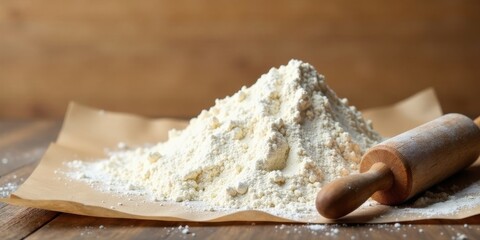 A mound of unbleached flour rests on parchment paper, next to a lightly dusted rolling pin, ready for baking delicious treats.