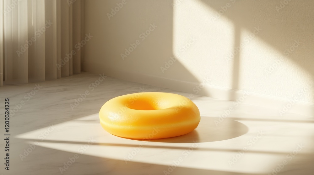 Poster a vibrant yellow donut-shaped object resting on a marble surface with soft shadows and light