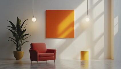 Modern room with orange art and red chair