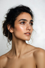 Natural Portrait of a Brunette Woman With Soft Features Against a Neutral Background