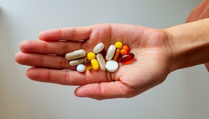 A close-up shot captures the delicate yet firm grip of a woman's hand holding a variety of pills, symbolizing medication, health, and wellness. 