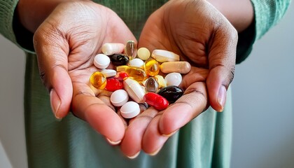 A close-up shot captures the delicate yet firm grip of a woman's hand holding a variety of pills, symbolizing medication, health, and wellness. 