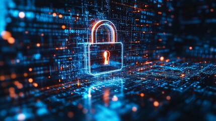 Digital security is represented by a brilliant digital lock encircled by streams of binary code and data points. 