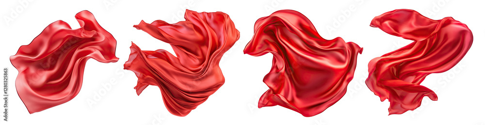 Poster set of dynamic red fabrics floating gracefully, isolated on transparent cutout background