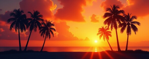 Obraz premium Golden hour, palm trees silhouetted against sunset, clouds, shoreline