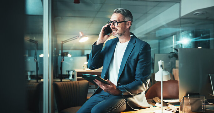 Night, phone call and mature man with tablet, post deadline report or online update planning. Thinking, engagement or content strategy with tech for digital marketing agency or social media growth