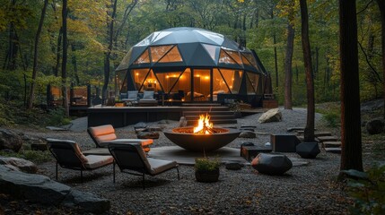 Modern Geodesic Dome House in a Forest at Night