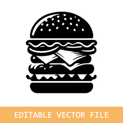 Hamburger silhouette vector art illustration. Black and white hamburger vector illustration.