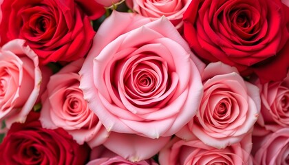 Naklejka premium Close-up of roses, pink and red blooms, detailed petals, soft focus, romantic floral arrangement