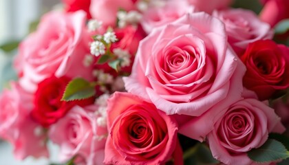 Close-up of roses, pink and red blooms, detailed petals, soft focus, romantic floral arrangement