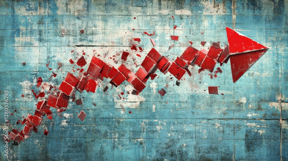 Poster abstract representation of growth and progress with a red arrow breaking through a textured blue wal