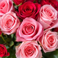 Obraz premium Close-up of roses, pink and red blooms, detailed petals, soft focus, romantic floral arrangement