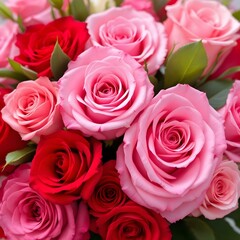 Naklejka premium Close-up of roses, pink and red blooms, detailed petals, soft focus, romantic floral arrangement