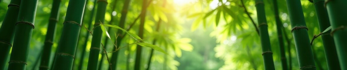 Sunlight filtering through a young bamboo forest, new shoots visible, light, growth