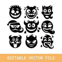 Male moustache, beard and haircut. Vintage moustaches silhouettes, man hairstyle and guy face portrait vector silhouette icons set
