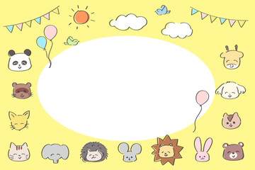 ゆるかわいい手書きの動物のフレーム　キッズ　幼稚園　保育園