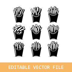 french fries line art,  and silhouette vector art set