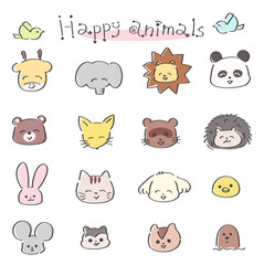 ゆるかわいい落書き風の動物イラストセット　顔　カラフル