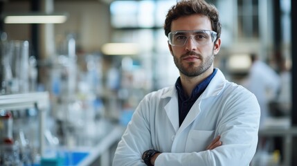 Fototapeta premium A young European man in a lab coat, wearing glasses, stands confidently in a modern research facility, embodying professionalism and focus in science.